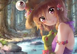 Rule 34 | 1girl, armlet, backless outfit, bare shoulders, blonde hair, day, flower, forest, hair flower, hair ornament, hair ribbon, hat, hat flower, head tilt, lips, looking at viewer, moriya suwako, nature, outdoors, parted lips, path, purple eyes, ribbon, road, rock, rojiko, short hair, sidelocks, solo, stuffed animal, stuffed frog, stuffed toy, touhou, water, wide-eyed