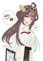 Rule 34 | 1girl, ahoge, alakoala, bare shoulders, brown hair, detached sleeves, double bun, hair between eyes, hair bun, hairband, headgear, heart, highres, japanese clothes, kantai collection, kongou (kancolle), long hair, nontraditional miko, one-hour drawing challenge, open mouth, purple eyes, ribbon-trimmed sleeves, ribbon trim, simple background, smile, solo, spoken heart, teeth, upper body, upper teeth only, white background, wide sleeves