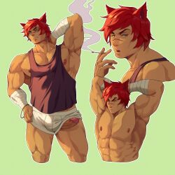 Rule 34 | 1boy, abs, animal ears, arms behind head, bandaged hand, bandages, bara, black tank top, cigarette, erection, highres, holding, holding cigarette, large pectorals, league of legends, male focus, male underwear, multiple views, muscular, muscular male, navel, nipples, pectorals, penis, red hair, rekkinj, scar, scar on face, scar on nose, sett (league of legends), short hair, smoking, tank top, thick thighs, thighs, topless male, underwear, white male underwear