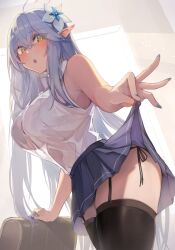 Rule 34 | ahoge, alternate costume, armpit crease, black garter straps, black thighhighs, blue hair, blue nails, blue skirt, breasts, commentary request, elf, fingernails, flower, garter straps, hair flower, hair ornament, heart, heart ahoge, highres, hololive, large breasts, long hair, nail polish, omoti (1201208), open mouth, panties, pleated skirt, pointy ears, see-through, see-through shirt, see-through silhouette, shirt, side-tie panties, skirt, skirt hold, sleeveless, sleeveless shirt, thighhighs, underwear, virtual youtuber, white flower, white shirt, yellow eyes, yukihana lamy