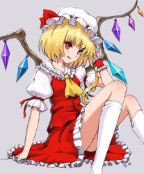 Rule 34 | 1girl, ascot, blonde hair, crystal, fang, female focus, flandre scarlet, hat, open mouth, puffy sleeves, red eyes, sgtxiaoxin, short sleeves, side ponytail, solo, touhou, wings, wrist cuffs