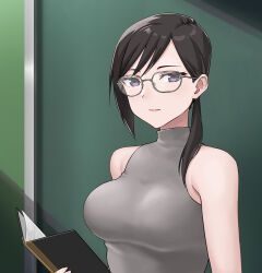 Rule 34 | 1girl, bare shoulders, black hair, book, breasts, chalkboard, closed mouth, commentary request, glasses, hashi, holding, holding book, indoors, light smile, looking at viewer, medium breasts, original, purple eyes, short hair, simple background, sleeveless, sleeveless turtleneck, solo, swept bangs, turtleneck