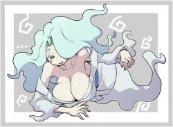 Rule 34 | 10s, 1girl, bare shoulders, blue hair, blush stickers, breasts, cleavage, enraenra, enraenra (youkai watch), ghost tail, hair over one eye, huge breasts, kara age, long hair, lying, open mouth, smile, solo, youkai watch