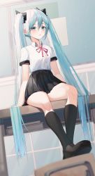 Rule 34 | 1girl, absurdres, black footwear, black ribbon, black skirt, black socks, blue hair, blush, book, bow, bowtie, chalkboard, classroom, collared shirt, commentary, desk, dress shirt, from below, hair ribbon, hatsune miku, highres, huge filesize, indoors, kneehighs, loafers, long hair, looking at viewer, on desk, pleated skirt, red bow, red bowtie, ribbon, school desk, school uniform, shirt, shoes, short sleeves, shurb, sitting, on desk, skirt, socks, solo, symbol-only commentary, twintails, very long hair, vocaloid, white shirt