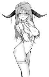 Rule 34 | 1girl, alphy, axe, bracelet, breasts, buffalo horns, chain, collar, earrings, embarrassed, eyebrows, eyelashes, greyscale, hair over breasts, highres, jewelry, large breasts, lips, long hair, monochrome, nail polish, navel, nude, ring, solo, white background