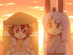 Rule 34 | 10s, 2girls, animal ears, backpack, bag, brown hair, carrot necklace, cloud, commentary request, dress, hat, inaba tewi, japanese clothes, kemono friends, long hair, long sleeves, looking at another, looking at viewer, multiple girls, necklace, open mouth, parody, pink dress, purple hair, rabbit ears, red eyes, reisen udongein inaba, shirosato, short hair, short sleeves, smile, style parody, sunset, sweat, touhou, wavy mouth