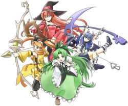 Rule 34 | 4girls, bandages, bat wings, bike shorts, black thighhighs, blue eyes, blue hair, boots, bow, bow (weapon), cierra (riviera), detached sleeves, drawing bow, elbow gloves, fia (riviera), frills, gloves, green eyes, green hair, hair bow, hairband, hat, holding, holding bow (weapon), holding weapon, long hair, lyuri (riviera), multiple girls, orange eyes, orange hair, orion (orionproject), red eyes, red hair, red thighhighs, riviera, scythe, serene (riviera), short hair, staff, sword, thigh boots, thighhighs, twintails, weapon, wings, witch, witch hat, zettai ryouiki