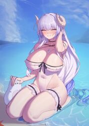 Rule 34 | 1girl, barefoot, blush, breasts, cleavage, closed eyes, earrings, grey hair, grin, highleg, highleg swimsuit, highres, horns, jewelry, large breasts, light purple hair, long hair, looking at viewer, mole, mole on breast, multicolored hair, necklace, ocean, one-piece swimsuit, original, pointy ears, purple hair, sitting, smile, solo, suitshark, swimsuit, very long hair, wet