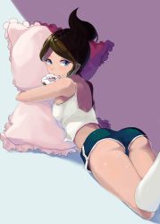 Rule 34 | 10s, 1girl, asahina aoi, ass, bare shoulders, blue eyes, blush, breasts, brown hair, danganronpa: trigger happy havoc, danganronpa (series), dark-skinned female, dark skin, doughnut, female focus, food, from behind, gym shorts, highres, long hair, looking at viewer, looking back, lying, mouth hold, hugging object, on stomach, pillow, pillow hug, ponytail, shiny skin, shorts, solo, sweat, uni (plastic girl)