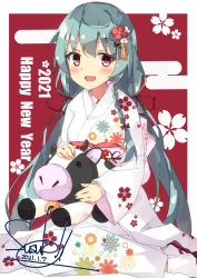 Rule 34 | 1girl, 2021, :d, beritabo, black footwear, blush, chinese zodiac, commentary request, dated, egasumi, floral background, floral print, furisode, green hair, hair between eyes, hair ribbon, happy new year, highres, japanese clothes, kimono, long hair, low twintails, new year, obi, open mouth, original, print kimono, red background, red eyes, red ribbon, ribbon, sandals, sash, signature, sitting, smile, socks, solo, stuffed animal, stuffed cow, stuffed toy, tabi, twintails, very long hair, wariza, white kimono, white socks, year of the ox, zouri