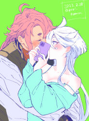 Rule 34 | 2girls, absurdres, blush, breasts, cleavage, closed eyes, collarbone, commentary request, dated, green background, grey eyes, grey hair, gundam, gundam suisei no majo, highres, holding, holding phone, kiss, medium breasts, miorine rembran, multiple girls, phone, red hair, suletta mercury, thick eyebrows, yuri, yuri kyanon