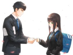 Rule 34 | 1boy, 1girl, bag, black hair, black jacket, blue neckwear, blush, brown hair, business suit, card, closed mouth, collared shirt, commentary request, earrings, formal, from side, giving, green eyes, hand in pocket, holding, idolmaster, idolmaster cinderella girls, jacket, jewelry, kfr, long hair, long sleeves, looking at another, necktie, petals, producer (idolmaster), producer (idolmaster cinderella girls anime), sanpaku, school uniform, shibuya rin, shirt, shoulder bag, standing, star (symbol), suit, white background, white shirt, wing collar