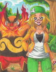 Rule 34 | 1girl, 2019, absurdres, artist name, bianca (pokemon), black shirt, blonde hair, breasts, bush, collarbone, cowboy shot, creatures (company), day, emboar, fangs, fangs out, fire, game freak, gen 5 pokemon, glasses, green eyes, green headwear, green pants, hand on own hip, hat, highres, holding, holding poke ball, hood, hoodie, jacket, large breasts, neck, nintendo, open mouth, orange eyes, orange jacket, outdoors, pants, pig, poke ball, pokemon, pokemon (creature), pokemon bw2, ravernclouk design, shirt, short hair, sky, standing, teeth, thick eyebrows, traditional media, tree, upper teeth only, white shirt