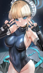 Rule 34 | 1girl, asymmetrical hair, bare shoulders, black gloves, black leotard, blonde hair, blue archive, blue leotard, blue ribbon, blunt bangs, blush, breasts, bun cover, closed mouth, covered collarbone, covered navel, double v, elbow gloves, expressionless, fingerless gloves, gloves, groin, hair bun, hair intakes, hair ribbon, halo, hands up, heattech leotard, highleg, highleg leotard, highres, himonoata, leotard, light particles, looking at viewer, maid headdress, medium breasts, microphone, ribbon, short hair, sideboob, solo, tile floor, tiles, toki (blue archive), turtleneck, two-tone leotard, v