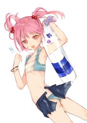 Rule 34 | !, !!, 10s, 1girl, :d, ao68, armpits, bad id, bad twitter id, bikini, black hair, bracelet, cowboy shot, flat chest, hair bobbles, hair ornament, innertube, jewelry, kantai collection, looking at viewer, open mouth, pink eyes, pink hair, sazanami (kancolle), short hair, simple background, skirt, smile, solo, swim ring, swimsuit, twintails