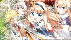 3girls against_railing azur_lane black_hairband blonde_hair blue_eyes bow commentary_request crown day detached_sleeves gloves hair_ears hairband hand_on_own_cheek hand_on_own_face head_rest headgear leaning_forward long_hair looking_at_viewer mini_crown multiple_girls official_art open_mouth outdoors purple_eyes queen_elizabeth_(azur_lane) railing red_eyes scarf second-party_source siblings sisters striped_clothes striped_hairband tilted_headwear tsuchii_(ramakifrau) valiant_(azur_lane) very_long_hair warspite_(azur_lane) white_bow white_gloves white_hair white_scarf