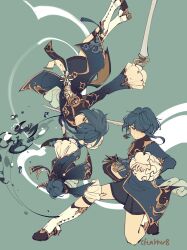 Rule 34 | 1boy, absurdres, black shorts, blue hair, blue jacket, boots, cfeather8, fighting, frilled sleeves, frills, genshin impact, green background, highres, holding, holding sword, holding weapon, jacket, jumping, knee boots, male focus, multiple views, shorts, simple background, sword, upside-down, weapon, white footwear, xingqiu (genshin impact)