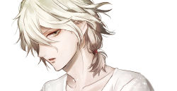 1boy alternate_hairstyle brown_eyes collarbone danganronpa_(series) danganronpa_2:_goodbye_despair grey_hair grey_shirt hair_between_eyes komaeda_nagito looking_at_viewer male_focus open_mouth ponytail portrait sakuyu shirt short_hair simple_background solo white_background