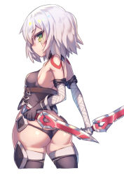 Rule 34 | 1girl, arm belt, ass, bandaged arm, bandages, bare shoulders, black panties, black thighhighs, breasts, butt crack, closed mouth, dagger, dual wielding, fate/apocrypha, fate/grand order, fate (series), from behind, gloves, green eyes, holding, holding knife, jack the ripper (fate/apocrypha), knife, looking at viewer, looking back, lowleg, lowleg panties, medium breasts, panties, reverse grip, scar, scar across eye, scar on face, shiny skin, short hair, shoulder tattoo, silver hair, simple background, single glove, smile, solo, standing, tattoo, thighhighs, underwear, wagashi928, weapon, white background