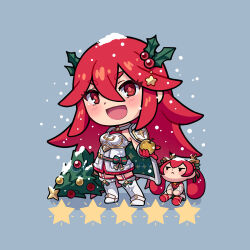 Rule 34 | 2girls, :d, apple, armor, blue background, boots, chibi, chibi only, christmas tree, commentary, cordelia (fire emblem), cordelia (winter) (fire emblem), dress, english commentary, fire emblem, fire emblem awakening, fire emblem fates, fire emblem heroes, food, fruit, golden apple, hair between eyes, hair ornament, holding, holding food, holding fruit, kaijuicery, long hair, looking at viewer, mother and daughter, multiple girls, nintendo, open mouth, red dress, red eyes, red hair, selena (fire emblem fates), selena (winter) (fire emblem fates), shoulder armor, sleeveless, smile, snow, star (symbol), thigh boots, twintails, twitter username, very long hair