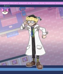Rule 34 | 1boy, adjusting eyewear, alternate costume, barry (pokemon), black hat, blonde hair, blue necktie, blunt bangs, brown footwear, clenched hand, collared shirt, commentary, copyright name, creatures (company), dreambig, full body, game freak, glasses, green vest, hat, highres, lab coat, long sleeves, male focus, necktie, nintendo, outline, pants, pokemon, pokemon dppt, screenshot inset, shirt, shoes, short hair, socks, solo, standing, striped clothes, striped socks, vest, watermark, white shirt
