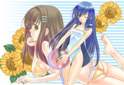 Rule 34 | 2girls, ahoge, artist request, ass, ball, bare arms, barefoot, beachball, bikini, blue hair, blue one-piece swimsuit, bra, breasts, brown hair, closed mouth, collarbone, facing away, facing viewer, flower, foot up, green eyes, hair between eyes, hair ornament, hairclip, hand up, happy, head rest, holding, holding ball, large breasts, leaf, leg up, long hair, looking at viewer, lying, maria traydor, medium breasts, multiple girls, nipples, on stomach, one-piece swimsuit, one eye closed, panties, plant, smile, sophia esteed, standing, star ocean, star ocean till the end of time, striped, striped background, sunflower, swimsuit, thighs, underwear, wink, yellow bikini