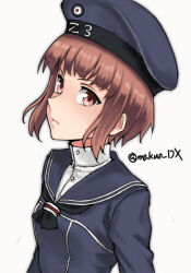 Rule 34 | 1girl, black neckerchief, blue dress, blue hat, blue sailor collar, brown eyes, brown hair, clothes writing, dress, hat, highres, kantai collection, looking at viewer, maakun (makun dx), neckerchief, one-hour drawing challenge, sailor collar, sailor hat, short hair, simple background, solo, twitter username, white background, z3 max schultz (kancolle)