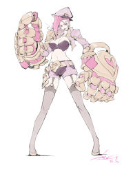 Rule 34 | 1girl, alternate costume, belt, breasts, cigarette, doughnut, food, garter straps, gauntlets, hat, highres, large breasts, league of legends, legs, loiza, long hair, long legs, looking at viewer, navel, pink hair, short shorts, shorts, signature, simple background, smile, solo, vi (league of legends), white background