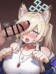 1boy 1girl animal_ears bar_censor blonde_hair blue_archive blue_jacket blush breasts censored commentary_request dog_ears dog_girl halo heart heart-shaped_pupils highres jacket kanna_(blue_archive) kanna_(swimsuit)_(blue_archive) large_breasts looking_at_viewer one-piece_swimsuit paw_pose penis penis_awe penis_on_face ponytail portrait sakusaku_ebifurya_(hoshino_3939) saliva smegma smelling smelling_penis solo_focus swimsuit symbol-shaped_pupils testicles tongue tongue_out whistle white_one-piece_swimsuit