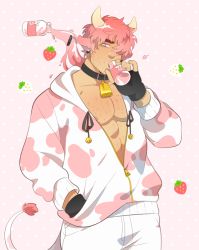 Rule 34 | 1boy, abs, animal ears, bara, bell, belt collar, bottle, chest hair, collar, cow boy, cow ears, cow horns, cow tail, cowbell, cowboy shot, drinking, facial hair, hair over one eye, holding, holding bottle, hood, hooded jacket, horns, jacket, looking at viewer, male focus, mature male, milk bottle, moosopp, muscular, muscular male, nipple slip, nipples, no shirt, open clothes, open jacket, original, pants, pectoral cleavage, pectorals, pink hair, short hair, sideburns, solo, strawberry milk, stubble, tail, thick eyebrows, white pants