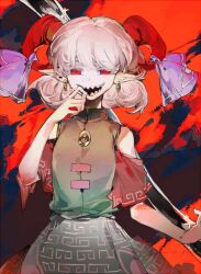 Rule 34 | 1girl, curly hair, eye print, holding, holding spork, horizontal pupils, horn ornament, horn ribbon, horns, meandros, open mouth, patterned clothing, rectangular pupils, red horns, red sleeves, ribbon, sharp teeth, sheep horns, short hair, solo, spork, teeth, touhou, toutetsu yuuma, upper body, upper teeth only, zxzy520