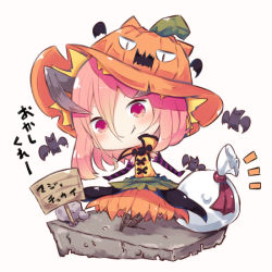 Rule 34 | 1girl, animal, bat (animal), beni shake, blush, boots, brown footwear, closed mouth, commentary request, elbow gloves, fang, fang out, gloves, hair between eyes, halloween, hat, head tilt, high collar, jack-o&#039;-lantern, jacket, knee boots, orange hat, orange skirt, original, pink hair, pumpkin hat, red eyes, sack, sign, simple background, skirt, smile, solo, standing, striped clothes, striped gloves, translation request, white background, yellow jacket