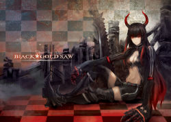 Rule 34 | 10s, 1girl, armor, black gold saw, black rock shooter, black thighhighs, boots, bsl, character name, claws, gradient hair, greaves, highres, horns, king saw, multicolored hair, red eyes, shorts, solo, thighhighs