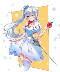 Rule 34 | 1girl, adapted costume, apple, blue eyes, blue thighhighs, bow, commentary, cropped legs, dress, earrings, floating hair, food, fruit, hair ornament, highres, holding, holding food, holding fruit, iesupa, jewelry, long hair, myrtenaster, necklace, rapier, rwby, scar, scar across eye, scar on face, short dress, side ponytail, skirt hold, snow white, snow white and the seven dwarfs, snowflake background, solo, sword, thighhighs, tiara, weapon, weiss schnee, white dress, white hair, zettai ryouiki