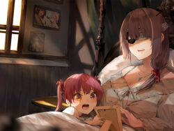 Rule 34 | 2girls, aged down, bandage over one eye, blind, brown hair, eyepatch, funi mu9, heterochromia, highres, hololive, houshou marine, jewelry, mother and daughter, multiple girls, necklace, open mouth, picture frame, red eyes, red hair, side ponytail, smile, twintails, virtual youtuber, yellow eyes