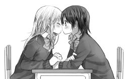 Rule 34 | 2girls, black hair, blazer, blush, bow, bowtie, cardigan, chair, closed eyes, desk, face-to-face, greyscale, hachiko (hati12), holding hands, imminent kiss, jacket, long hair, monochrome, multiple girls, original, profile, school uniform, short hair, simple background, surprised, table, white background, yuri