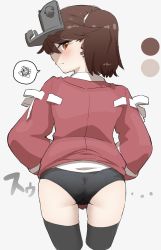 Rule 34 | 1girl, ass, black panties, black thighhighs, brown eyes, brown hair, color guide, commentary request, cowboy shot, from behind, highres, japanese clothes, kantai collection, kariginu, looking at viewer, looking back, namakura neo, no pants, panties, red shirt, ryuujou (kancolle), shirt, solo, spoken squiggle, squiggle, standing, thighhighs, underwear, visor cap, white background