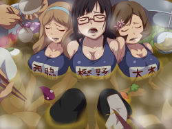 Rule 34 | 3girls, ao no exorcist, black hair, blue one-piece swimsuit, blush, bowl, breasts, breath, brown hair, carrot, chopsticks, cleavage, closed eyes, covered erect nipples, curry, flower, food, glasses, hair flower, hair ornament, hairband, in bowl, in container, kashino (ao no exorcist), ladle, large breasts, long hair, multiple girls, nishiwaki (ao no exorcist), nyotaimori, omoto (ao no exorcist), one-piece swimsuit, open mouth, partially submerged, radish, samidaredou, sitting, soup, swimsuit, tentacles, thighhighs