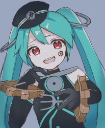 Rule 34 | 1girl, akikan sabago, aqua hair, bare shoulders, black gloves, black hat, black shirt, cd, commentary, elbow gloves, facial tattoo, fork, gears, gloves, grey background, hat, hatsune miku, highres, holding, holding fork, holding knife, knife, long hair, looking at viewer, open mouth, red eyes, sadistic music factory (vocaloid), shirt, sketch, smile, solo, tattoo, twintails, upper body, very long hair, vocaloid, wrist cuffs