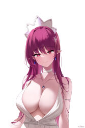 Rule 34 | 1girl, absurdres, alternate hair color, arm at side, azur lane, bare shoulders, breasts, cleavage, closed mouth, collarbone, commission, dot nose, dress, earrings, gem, hair ornament, hairclip, head tilt, highres, iamahri1994, jewelry, large breasts, necklace, pink eyes, pink hair, pointy ears, red hair, shadow, simple background, smile, solo, taihou (azur lane), taihou (temptation on the sea breeze) (azur lane), tiara, upper body, white background, white dress