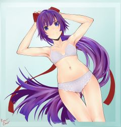 Rule 34 | 1girl, absurdres, alternate costume, aqua background, armpits, arms up, bakemonogatari, blue eyes, bra, breasts, collarbone, colored inner hair, commentary, english commentary, feet out of frame, frilled bra, frilled panties, frills, gluteal fold, gradient hair, hair ribbon, hands on own head, highres, lingerie, long hair, looking at viewer, medium breasts, monogatari (series), multicolored hair, nail polish, navel, panties, piancaesar, ponytail, purple hair, purple nails, ribbon, senjougahara hitagi, shiny skin, sidelocks, signature, solo, swept bangs, thighs, underwear, very long hair, white bra, white panties