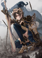 Rule 34 | 1girl, armor, black gloves, black thighhighs, breasts, brown hair, cleavage, commentary, expressionless, gloves, grey eyes, high heels, highres, holding, jname, looking at viewer, medium breasts, original, outdoors, pauldrons, planted, planted sword, planted weapon, shoulder armor, solo, squatting, sword, thighhighs, vambraces, weapon
