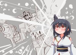 Rule 34 | 1girl, black hair, breasts, commentary request, crossover, detached sleeves, epaulettes, gundam, headgear, japanese clothes, kantai collection, kuroten, large breasts, mecha, mobile suit gundam, nontraditional miko, red eyes, robot, rx-78-2, short hair, solo, wide sleeves, yamashiro (kancolle)