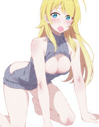 Rule 34 | 1girl, absurdres, ahoge, all fours, ass, ass cutout, bare legs, barefoot, blonde hair, blush, breasts, cleavage, cleavage cutout, clothing cutout, collarbone, condom, condom wrapper, downblouse, hachimiya meguru, highres, holding, holding condom, idolmaster, idolmaster shiny colors, large breasts, long hair, looking at viewer, meme attire, mouth hold, onpu (ghkc2238), simple background, smile, solo, straight hair, very long hair, virgin killer sweater, white background