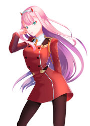Rule 34 | 1girl, arm behind back, brown pantyhose, candy, contrapposto, darling in the franxx, dress, floating hair, food, green eyes, hairband, horns, lollipop, long hair, long sleeves, looking at viewer, makeup, mascara, military, military uniform, mouth hold, necktie, orange necktie, pantyhose, pink hair, red dress, short dress, short necktie, simple background, solo, standing, uniform, very long hair, white background, white hairband, yoruno mahiru, zero two (darling in the franxx)