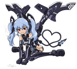 Rule 34 | 10s, 1girl, :3, armor, black thighhighs, blue hair, blush, boots, breasts, busou shinki, cable, cable tail, doll joints, drooling, facing viewer, full body, gloves, heart, heart tail, joints, long hair, looking at viewer, mecha musume, mechanical tail, red eyes, saliva, sinko (sinsin), sitting, smile, solo, tail, thigh boots, thighhighs, twintails, underboob, undercleavage cutout, valona, wariza, white background