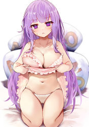 Rule 34 | 1girl, :&lt;, bare arms, bare shoulders, blush, breasts, cleavage, closed mouth, collarbone, efe, full body, highres, kneeling, large breasts, long hair, navel, panties, patchouli knowledge, purple eyes, purple hair, revision, sleeveless, solo, thighs, touhou, underwear, white panties