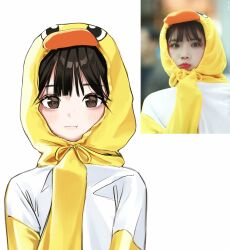 Rule 34 | 1girl, absurdres, animification, bad id, bad twitter id, black hair, blush, brown eyes, duck hood, highres, hood, hood up, lisis (iwtpz), looking at viewer, original, photo-referenced, photo inset, pout, raglan sleeves, real life, shirt, solo, upper body, white background, white shirt