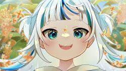 Rule 34 | 1girl, :3, blue eyes, blue hair, blunt bangs, blurry, blurry background, blurry foreground, blush, commentary, dot nose, falling petals, gawr gura, highres, hololive, hololive english, looking at viewer, makugiga, medium hair, multicolored hair, open mouth, osmanthus, petals, plant, portrait, sharp teeth, sidelocks, smile, solo, streaked hair, teeth, two side up, virtual youtuber, white hair