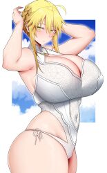 Rule 34 | 1girl, absurdres, ahoge, arind yudha, armpits, arms up, artoria pendragon (all), artoria pendragon (fate), artoria pendragon (swimsuit ruler) (fate), artoria pendragon (swimsuit ruler) (second ascension) (fate), blonde hair, blush, braid, breasts, cleavage, cleavage cutout, clothing cutout, covered navel, fate/grand order, fate (series), french braid, green eyes, hair between eyes, highres, huge breasts, jewelry, large breasts, looking at viewer, navel, necklace, one-piece swimsuit, sidelocks, skindentation, solo, swimsuit, thick thighs, thighs, white one-piece swimsuit